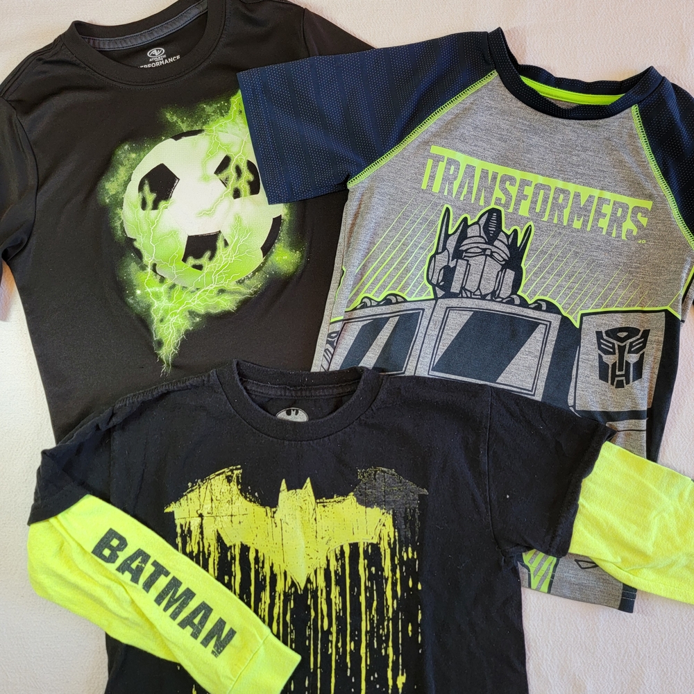 Lot of 3 Kids T-Shirts Sz 7/8 Athletic Soccer Transformers Batman Back To School